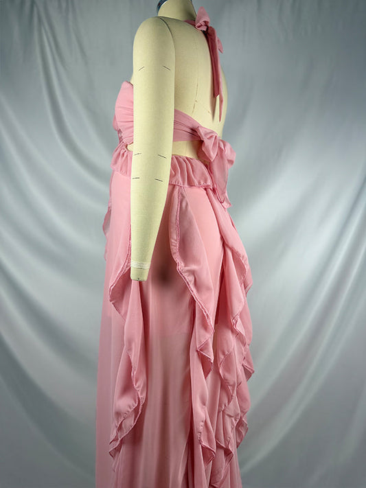 fotobeyou Pink Ruffle 3D Flower Cut Out Halter Neck Elegant Maternity Maxi Dress