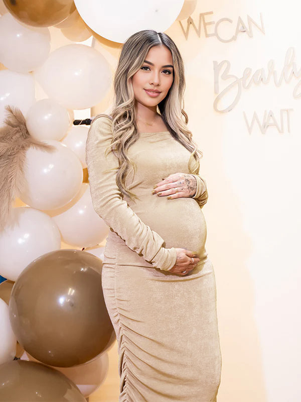 fotobeyou Solid Color Cascading Ruffle U-Neck Long Sleeve Bodycon Elegant Going Out Gowns Cute Bandage Baby Shower Maternity Maxi Dress