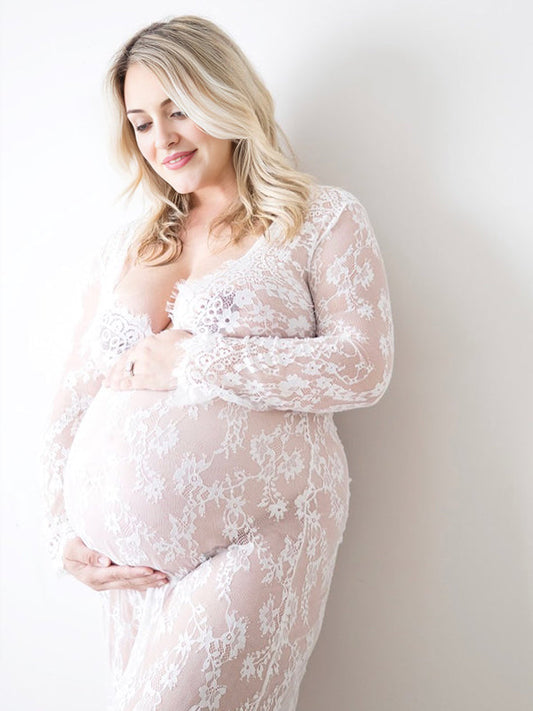 Sheer Lace Robe V-neck Bathtub Photoshoot Maternity Maxi Dress