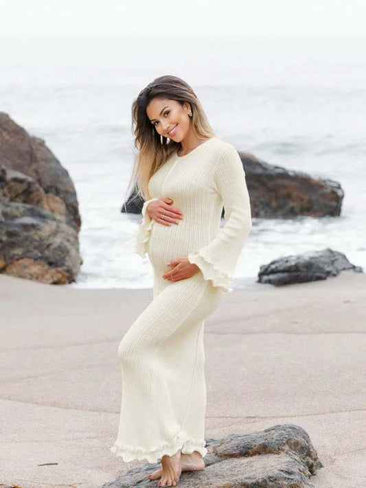 fotobeyou White Knit Pleated Tie Back Ruffle Falbala Frill Hem Backless Big Swing Elegant Cocktail Party Gown Maternity Photoshoot Baby Shower Maxi Dress
