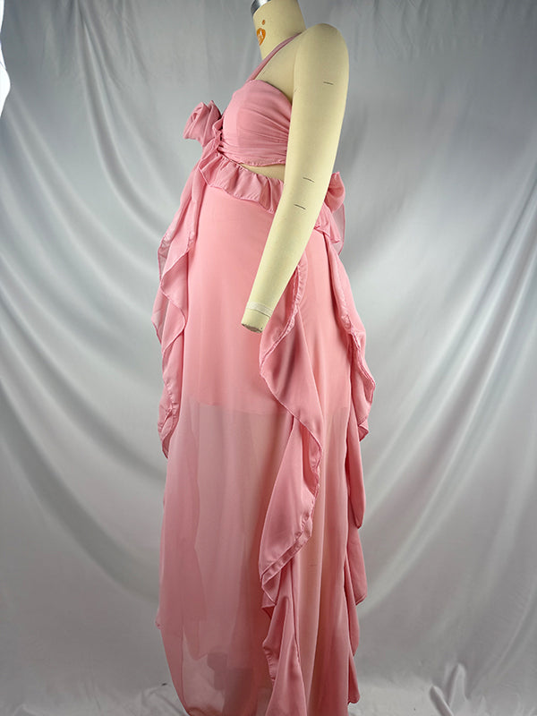 fotobeyou Pink Ruffle 3D Flower Cut Out Halter Neck Elegant Maternity Maxi Dress