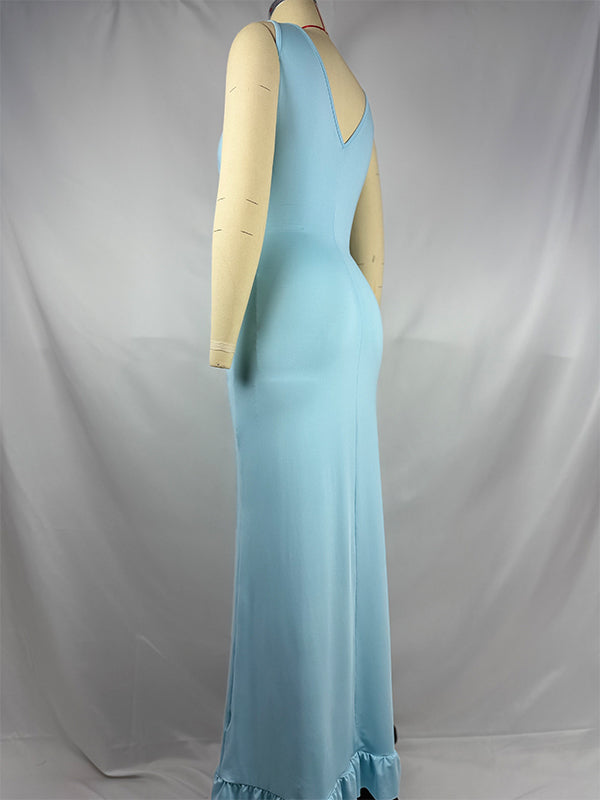 fotobeyou Blue Ruffle Side Slit Baby Boy Shower Maternity Maxi Dress