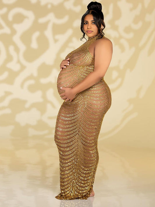 fotobeyou Gold Rhinestone Mesh Sheer Backless Plus Photoshoot Maternity Maxi Dress