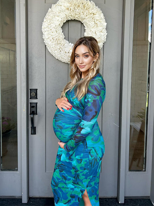 fotobeyou Bleach Band Ruched Side Slit Bodycon Long Sleeve Fashion Going Out Gowns Baby Shower Maternity Maxi Dress