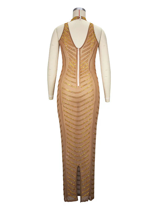 fotobeyou Gold Rhinestone Mesh Sheer Backless Plus Photoshoot Maternity Maxi Dress