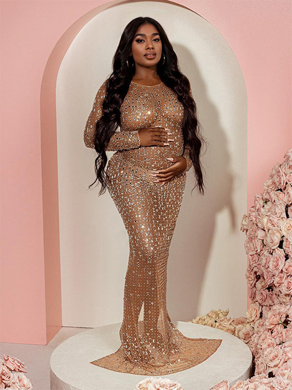 fotobeyou Sparkly Diamond Rhinestone Mesh Slit Long Sleeve Mermaid Sheer Maternity Photoshoot Elegant Baby Shower Party Maxi Dress