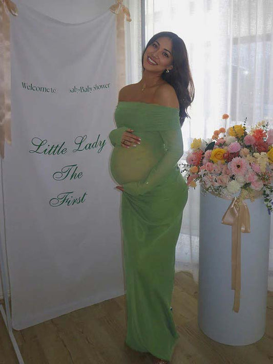 fotobeyou Mesh Patchwork Ruched Off Shoulder Cut Out Elegant Cocktail Party Gown Sheer Maternity Photoshoot Baby Shower Maxi Dress