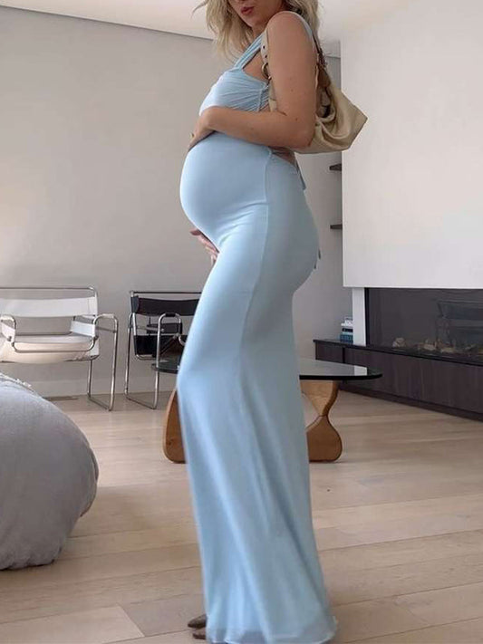 fotobeyou Blue Tank Backless Lace Up Tie Back Sleeveless Cami Mermaid Maternity Maxi Dress