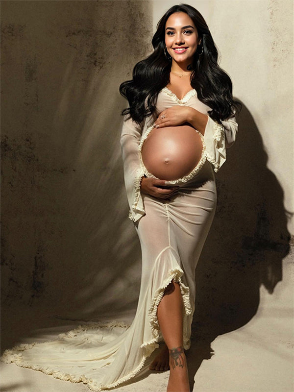 fotobeyou Ivory Sheer Ruffle Cut Out Crop Slit Falbala Deep V-neck Mermaid Elegant Maternity Photoshoot Maxi Dress