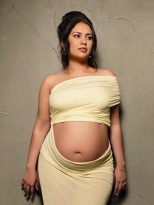 fotobeyou 2-in-1 One Shoulder Side Slit Grenadine Sheer Photoshoot Maternity Maxi Dress