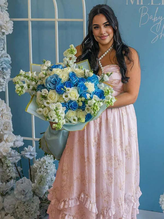 fotobeyou Pink Floral Ruffle Falbala Pearls Side Slit Elegant Maternity Baby Shower Maxi Dress