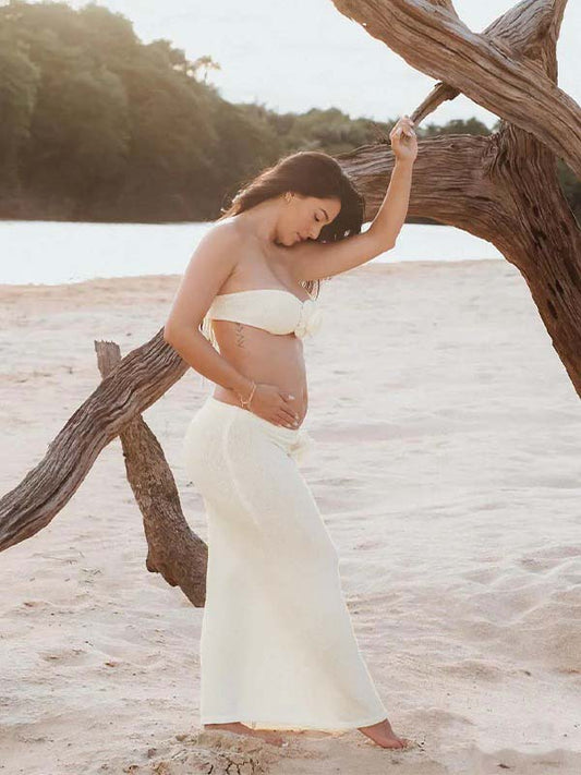 Beige 2-in-1 3D Flowers Knit Backless Photoshoot Maternity Maxi Dress