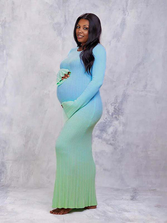 fotobeyou Light Blue Hit Color Flare Sleeve Mermaid Elegant Photoshoot Baby Shower Maternity Maxi Sweater Dress