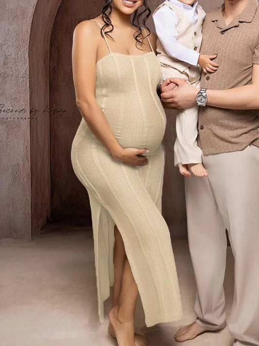 fotobeyou Beige Spaghetti Strap Striped Crochet Maternity Photoshoot Maxi Dress