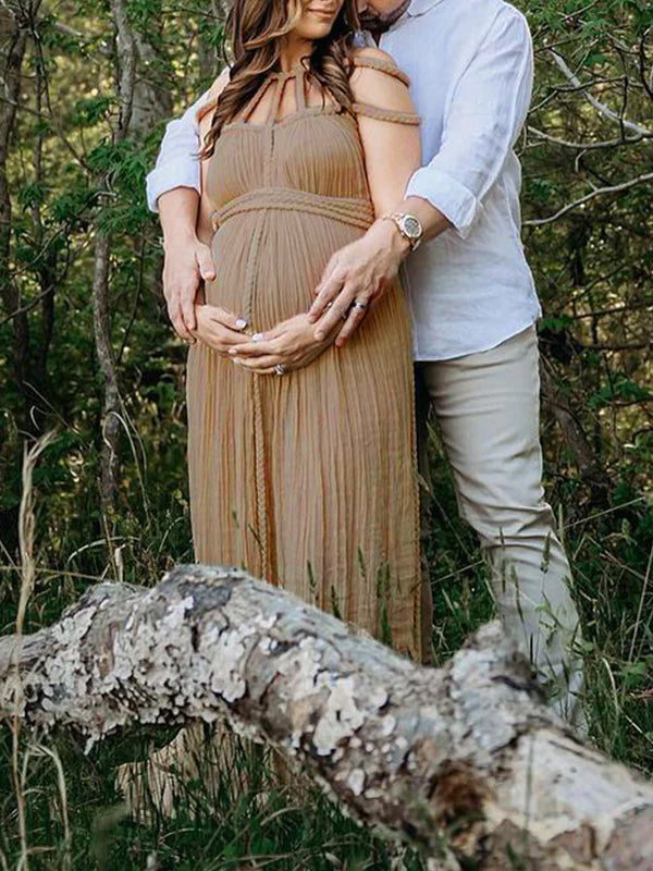 fotobeyou Solid Color Drawstring Backless Cut Out Linen Cotton Vacation Gown Photoshoot Maternity Maxi Dress