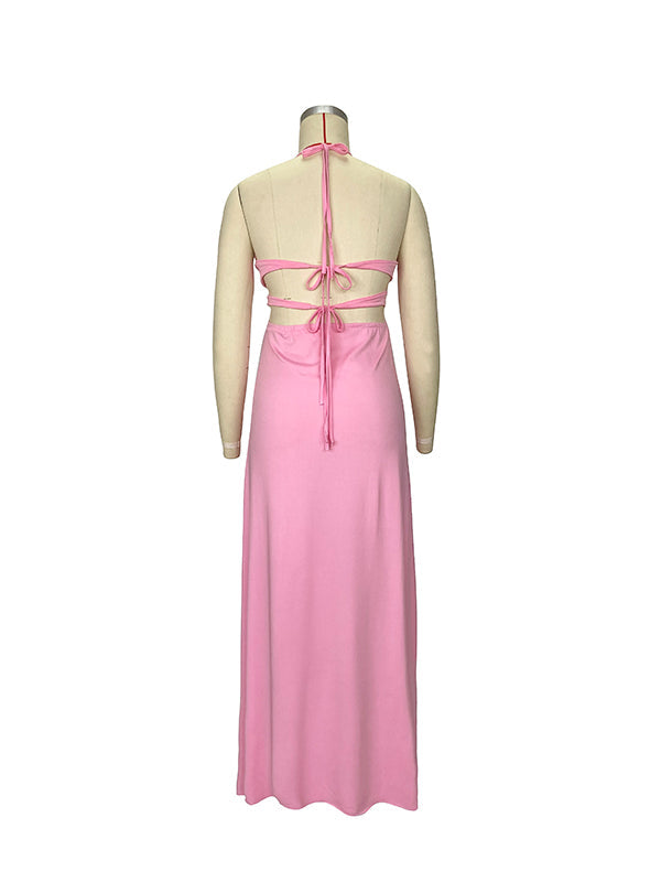fotobeyou Pink V-neck Spaghetti Strap Halter Neck Backless Cami Slit Baby Shower Plus Size Maternity Maxi Dress