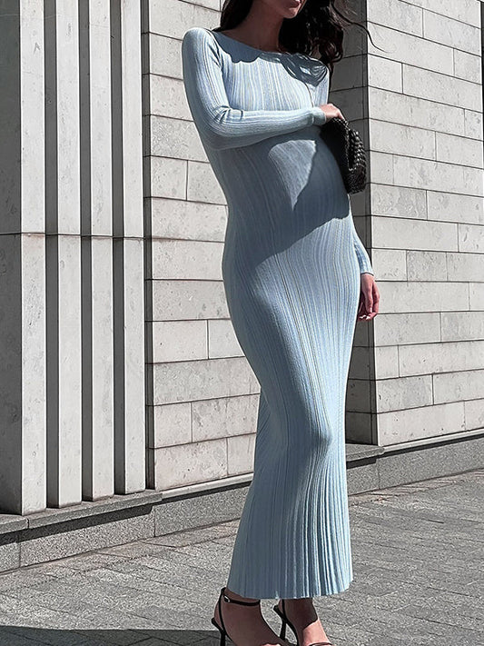 fotobeyou Blue Solid Color Bodycon Mermaid Long Sleeve Photoshoot Maternity Maxi Dress