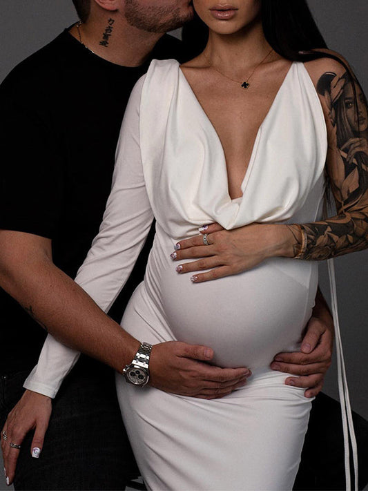 fotobeyou One Sleeve Backless Tie V-neck Bodycon Elegant Evening Photoshoot Gown Baby Shower Maternity Maxi Dress