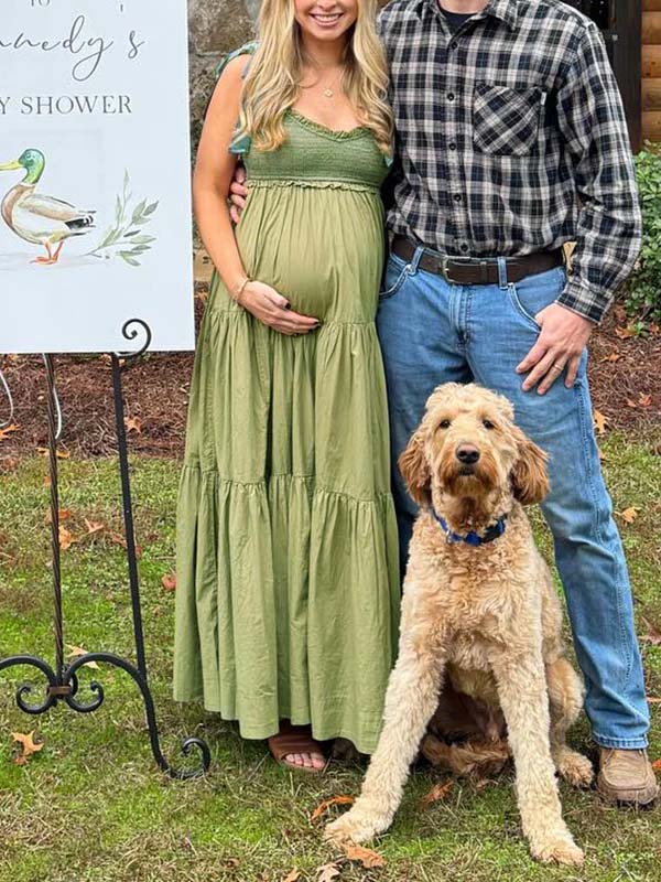 Matcha Smocked Ruffle Tie Flowy Baby Shower Maternity Maxi Dress