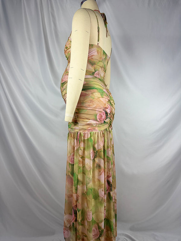 fotobeyou Floral Mesh Ruched Ruffle Boned Bodice Side Slit Cami Elegant Maternity Maxi Dress