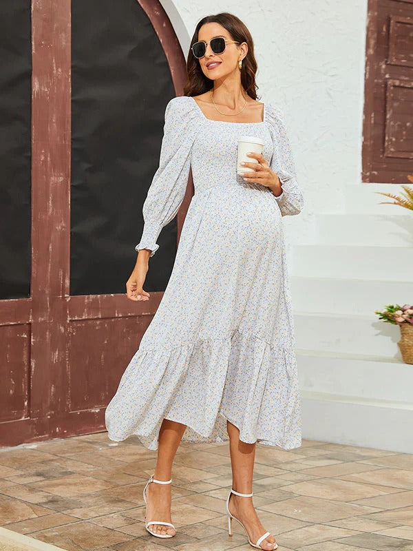 fotobeyou Chiffon Floral Print Ruffle High Waist Boutique Holiday Sweet Maternity Maxi Dress