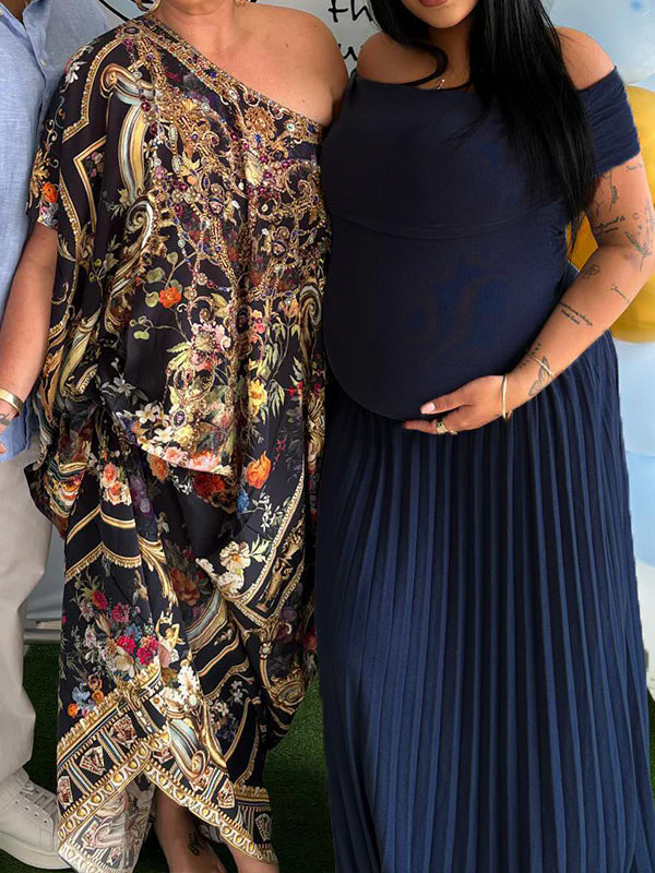 fotobeyou Solid Color Ruched Pleated Off Shoulder Big Swing Elegant Cocktail Party Maternity Photoshoot Baby Shower Maxi Dress