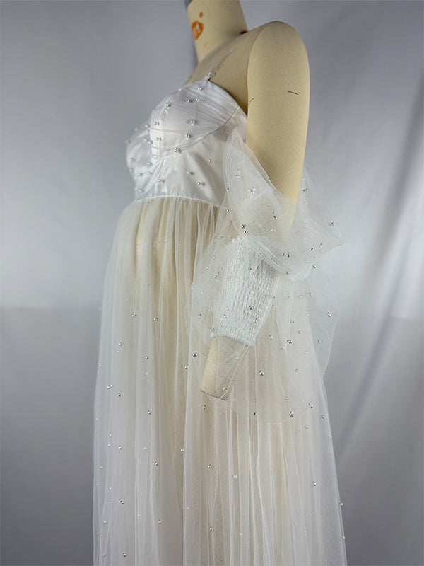 fotobeyou Pearl Off Shoulder Front Open Slit Sheer Elegant Photoshoot Maternity Maxi Dress
