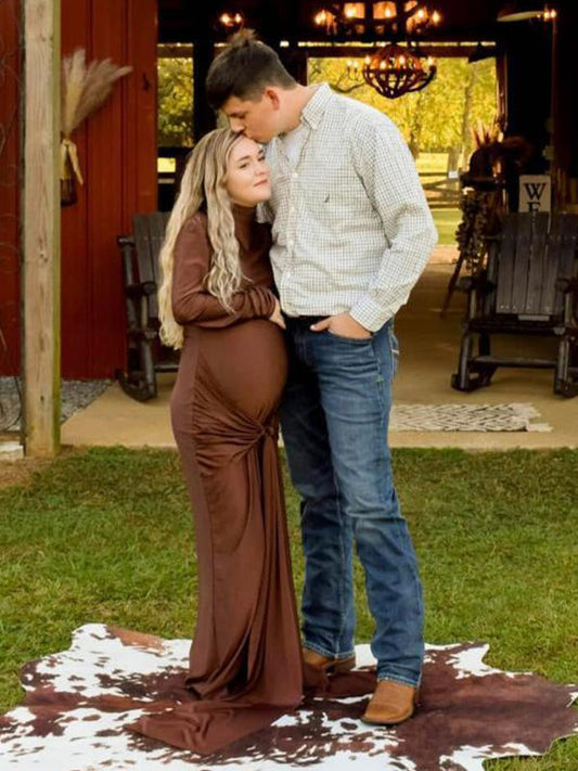 fotobeyou Solid Color Belt Splicing Ruched Draped Bodycon Mermaid Long Sleeve Going Out Photoshoot Maternity Maxi Dress