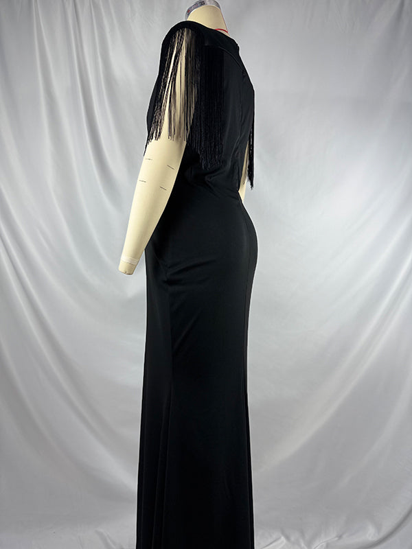 fotobeyou Black Tassel Fringe Cross Chest Mermaid Plus Size Elegant Maternity Maxi Dress