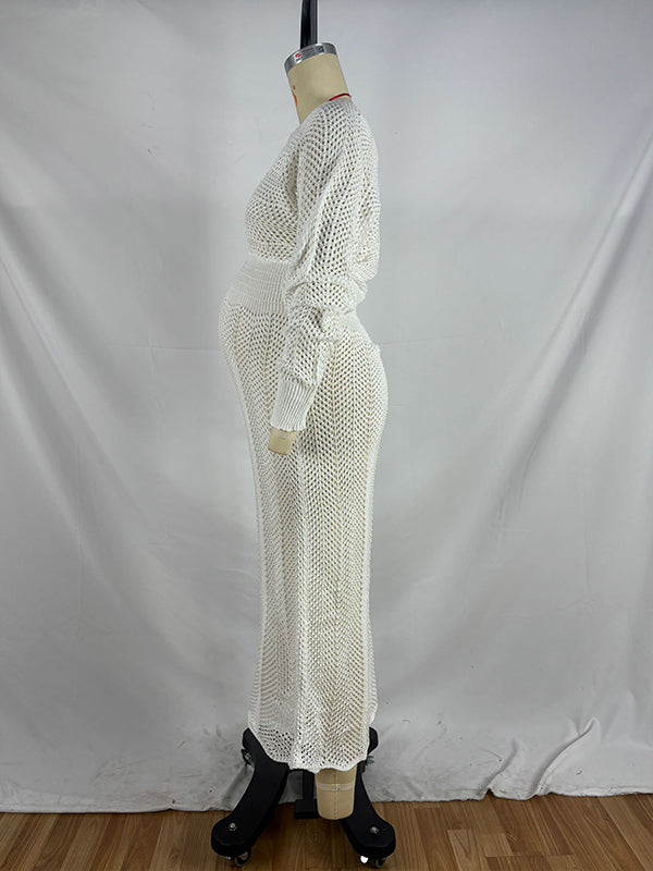 fotobeyou White Crochet Knit Hollow Out Deep V-neck Lantern Sleeve Bodycon Elegant Going Out Maternity Sweater Maxi Dress