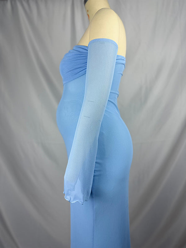 fotobeyou Blue Mesh Off Shoulder Ruched Elegant Maternity Baby Shower Maxi Dress