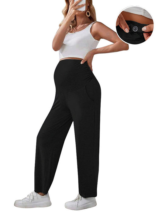 fotobeyou Solid Color Pockets Over The Belly Comfy Loose Wide Leg Cozy Casual Daily Trousers Maternity Yoga Workout Pants