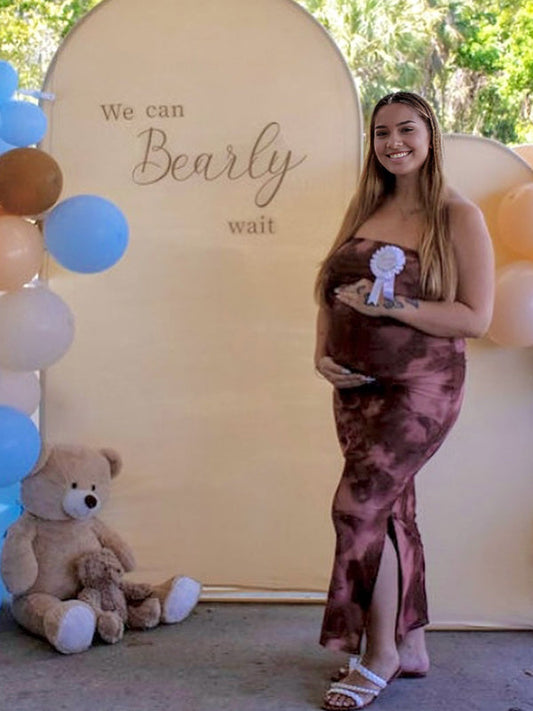 Fotobeyou Coffee Print Side Slit Grenadine Maternity Baby Shower Maxi Dress