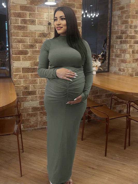 fotobeyou Solid Color Ruched High Neck Long Sleeve Bodycon Basic Going Out Elegant Maternity Baby Shower Maxi Dress