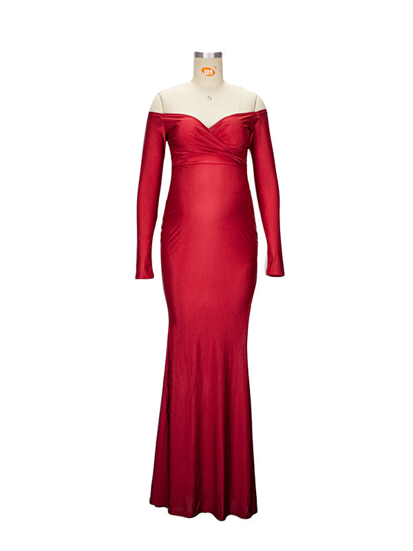 fotobeyou Off Shoulder Long Sleeve Slit Bodycon Solid Baby Shower Party Evening Gown Maternity Maxi Dress