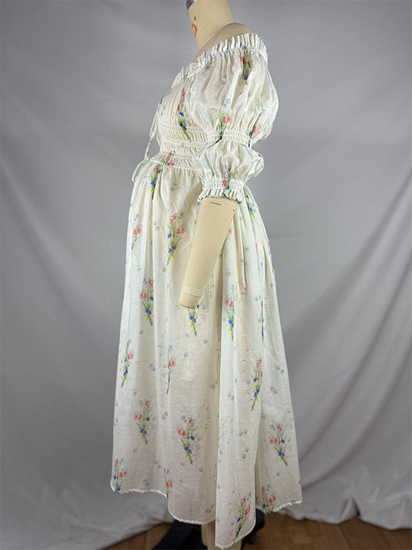 fotobeyou White Floral Smocked Tie Puff Sleeve Off Shoulder Flowy Boho Photoshoot Baby Shower Maternity Maxi Dress