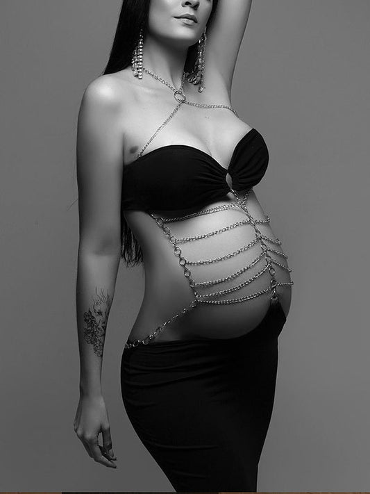 fotobeyou Black Cut Out Chain Halter Neck Bodycon Photoshoot Elegant Maternity Maxi Dress