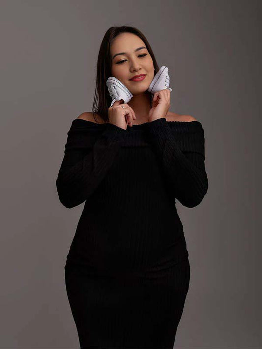 fotobeyou Off Shoulder Back Slit Flare Sleeve Bodycon Elegant Photoshoot Maternity Maxi Sweater Dress