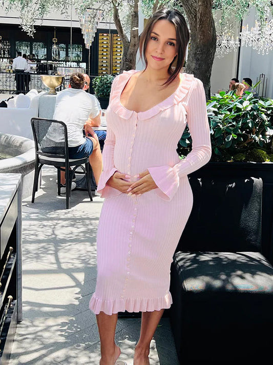 fotobeyou Pink Knit Falbala Ruffle Hem Single Breasted Flare Sleeve Bodycon Elegant Hoing Out Maternity Babyshower Maxi Sweater Dress