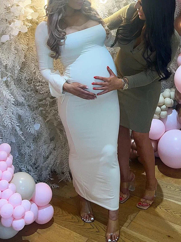 fotobeyou Elegant Long Sleeve Maternity Dress Ultimate Baby Shower Outfit White Bodycon Dress