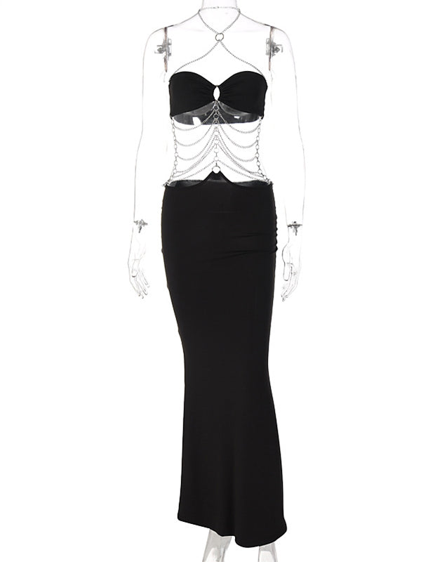 fotobeyou Black Cut Out Chain Halter Neck Bodycon Photoshoot Elegant Maternity Maxi Dress