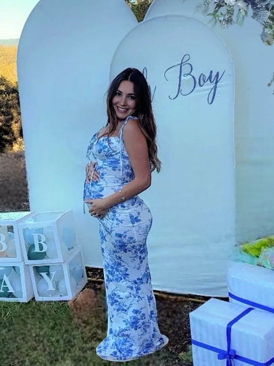 fotobeyou Lace-up Spaghetti Strap Stamp Duty Party Banquet Baby Shower Maternity Photoshoot Maxi Dress