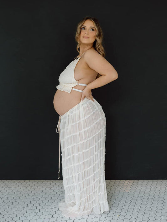 fotobeyou Beige 2 Piece Smocked Ruffle Backless Flowy Elegant Vacation Beach Photoshoot Maternity Maxi Dress