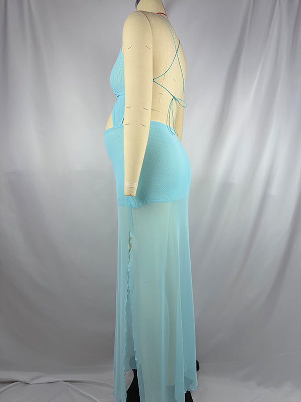 Blue Mesh Cut Out Crop Side Slit Cami Sheer Maternity Maxi Dress