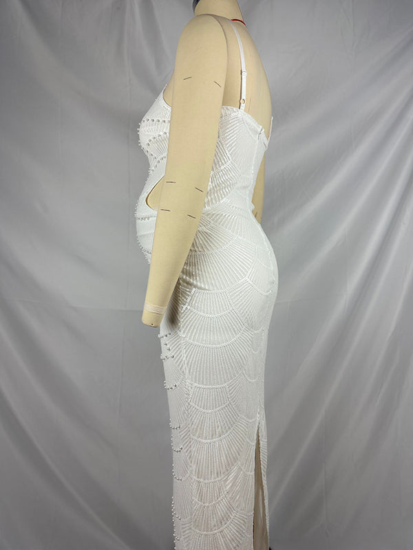 fotobeyou White Spaghetti Straps Sequin Slit Bodycon Party Elegant Maternity Photoshoot Maxi Dress