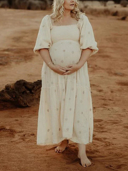 fotobeyou Apricot Daisy Print Smocked Off Shoulder Ruffle Big Swing Elegant Vacation Maternity Photoshoot Baby Shower Party Maxi Dress