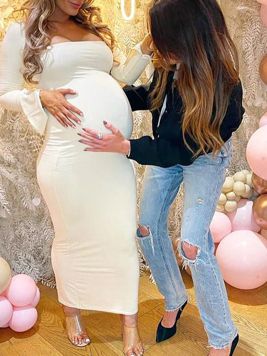 fotobeyou Elegant Long Sleeve Maternity Dress Ultimate Baby Shower Outfit White Bodycon Dress