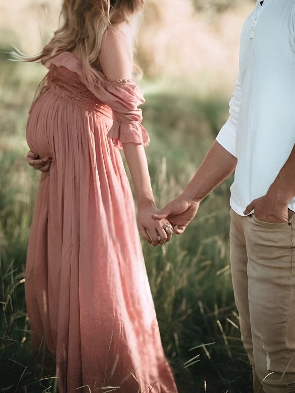 fotobeyou Pink Boho Flowy Bump Friendly Off Shoulder Photoshoots Maxi Dress