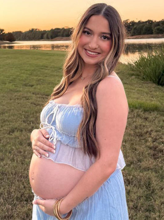fotobeyou Blue Falbala Two Piece Set Cami Ruffle Crop Top And Big Swing Maxi Skirt Elegant Baby Moon Beach Maternity Photoshoot Baby Shower Maxi Dress