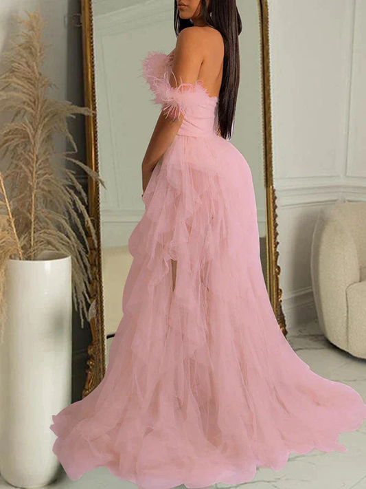 fotobeyou Bandeau Off Shoulder Feather Tulle Tutu Grenadine Photoshoot Maternity Maxi Dress